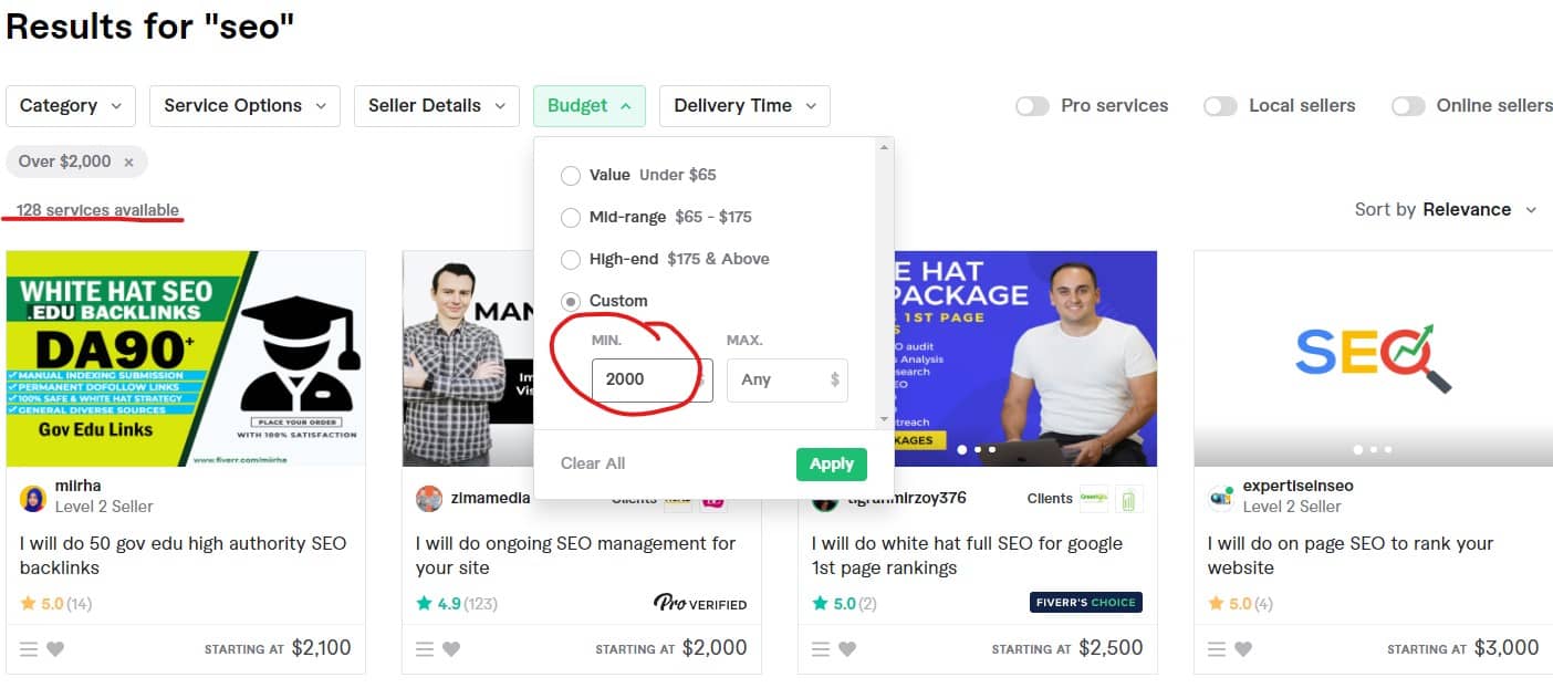 SEO Freelancers on Fiverr With Budgets Over 2k
