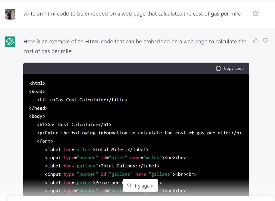 chatgpt generating html code for a calculator