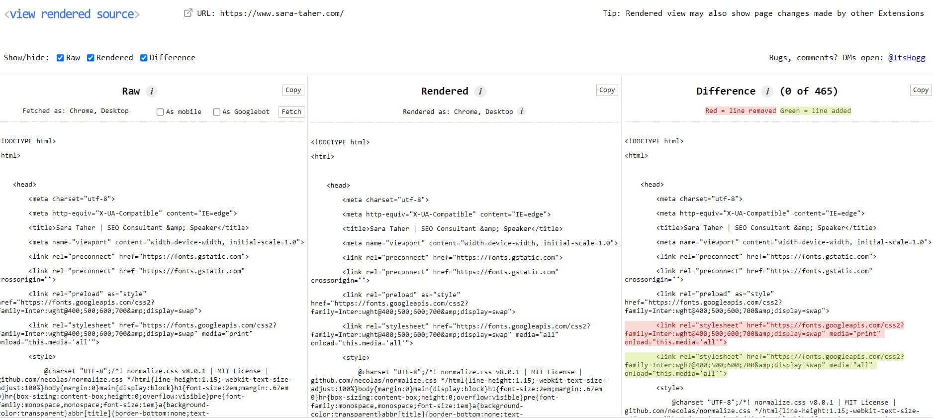 Compare raw html with rendered code