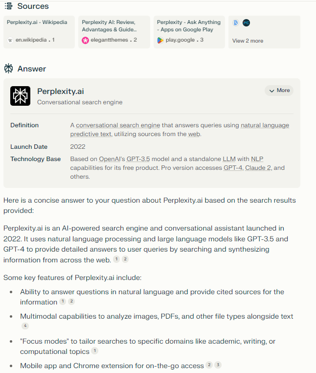 Example of a search on Perplexity.ai for "what is perplexity.ai"