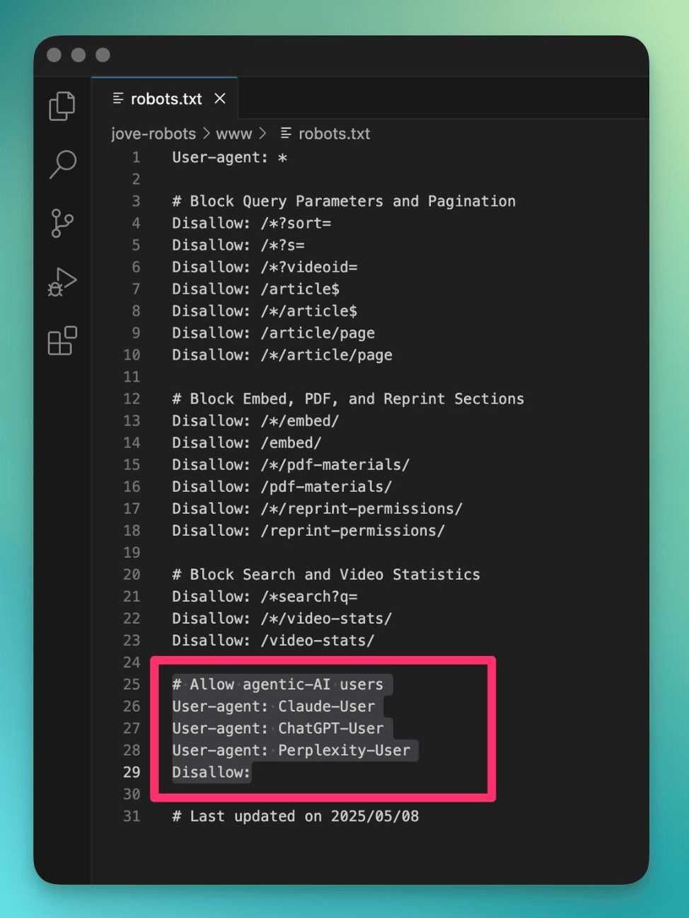 Example of robots.txt allowing LLMs to access site search